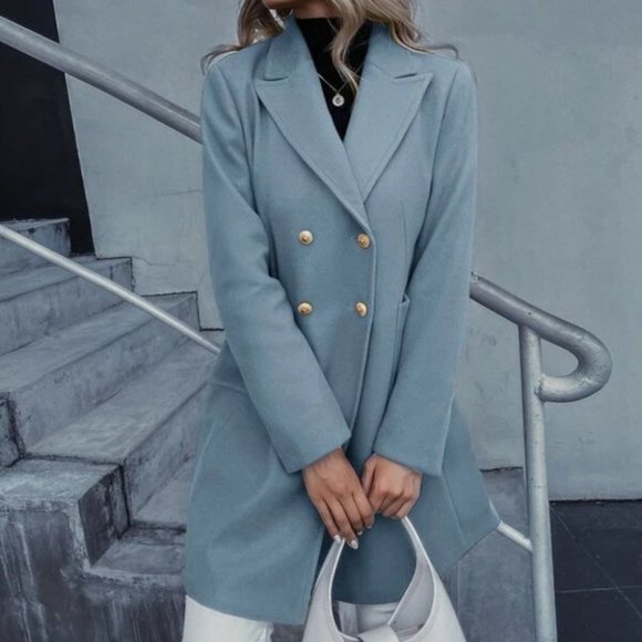 Double Breasted Lapel Collar Button Up pocketed Overcoat Blue - Picture 4 of 8